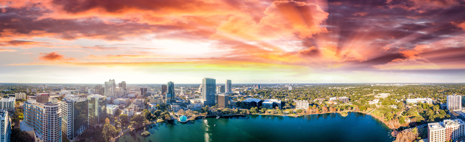 Panoramic aerial view of Lake Eola and surrounding buildings, Or Florida Institute for Clinical Research Clinical Trials Florida Research Facility